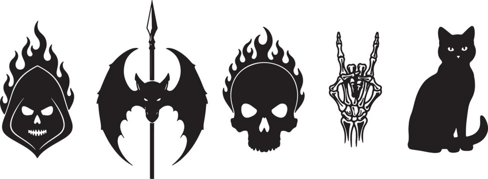 Dark collection with flaming hooded skull bat axe flaming skull hand and cat graphic.