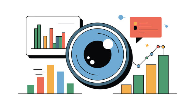 A large central human eye lens is surrounded by colorful statistical bar graphs, line charts, and orange notification bubbles representing visual data monitoring.