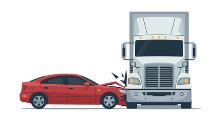 Naklejka premium A red passenger car impacts the front bumper of a large white semi-truck in a severe highway crash depicted with clean lines on a plain white background.