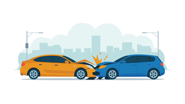 A yellow sedan and a blue hatchback collide in a mid-road traffic accident against a stylized urban city silhouette backdrop in a flat vector style illustration.