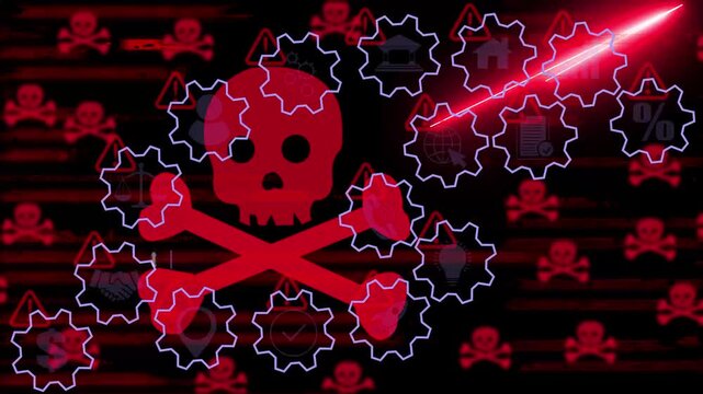 Cyber security breach alert with red skull and crossbones warning symbol and unauthorized access detected text overlaying digital network gear on dark background