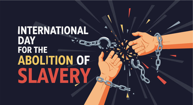 Breaking free from slavery chains in dramatic colorful illustration for human rights campaign