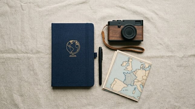 Top view of a blue travel journal with a globe icon, a vintagestyle camera with a wooden finish, a black pen, and a map of europe on a textured linen background