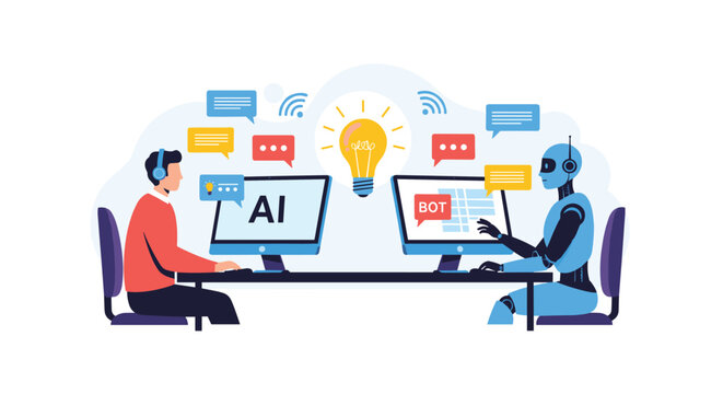 Man and robot collaborate at their desks with computers labeled ai and bot while a bright lightbulb symbolizes shared innovation.
