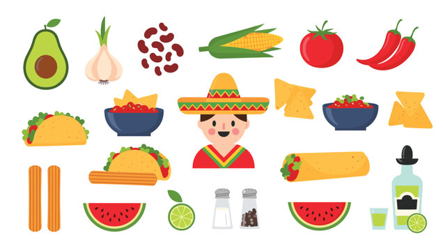 Vibrant collection of Mexican food and cultural elements including tacos burritos nachos avocado and a character in a sombrero.