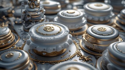 Obraz premium Two elegant white desserts sit on a textured surface, featuring gold decorations and a smooth finish. The soft lighting enhances their luxurious appearance, creating a refined atmosphere.