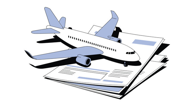 A stylized white commercial passenger jet rests on a stack of professional business paperwork against a clean and simple white studio backdrop.