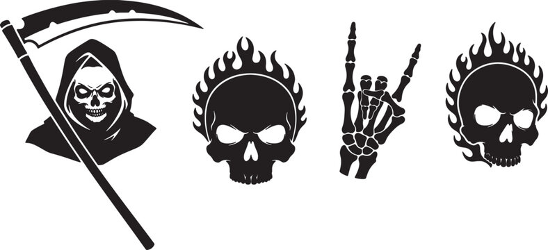 Grim reaper face skull fire hand rock symbol, collection of scary death icons.