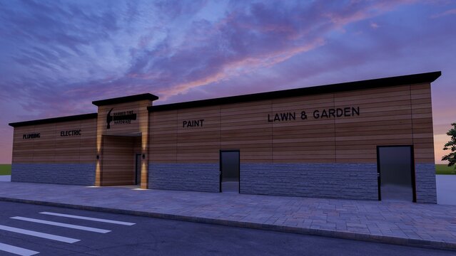 Modern Hardware Store Building Exterior with Wood Siding and Stone Facade at Sunset