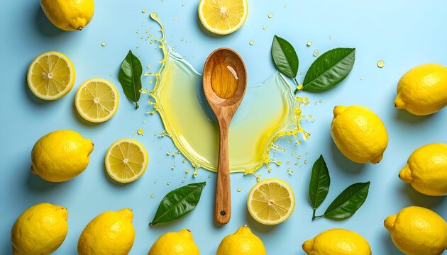 Lemons, leaves, spoon with liquid & splash on a blue background
