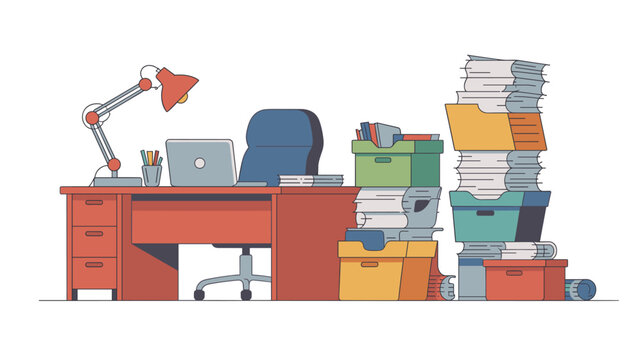 A cluttered workspace features an old desk lamp and a computer alongside an extremely high stack of colorful document folders and paperwork in a bright office environment.