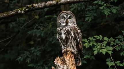 Fototapeta premium Great gray owl rests on tree stump in forest. Bird has yellow eyes, patterned feathers, watchful gaze. Background is rich green foliage, dark woodland setting.
