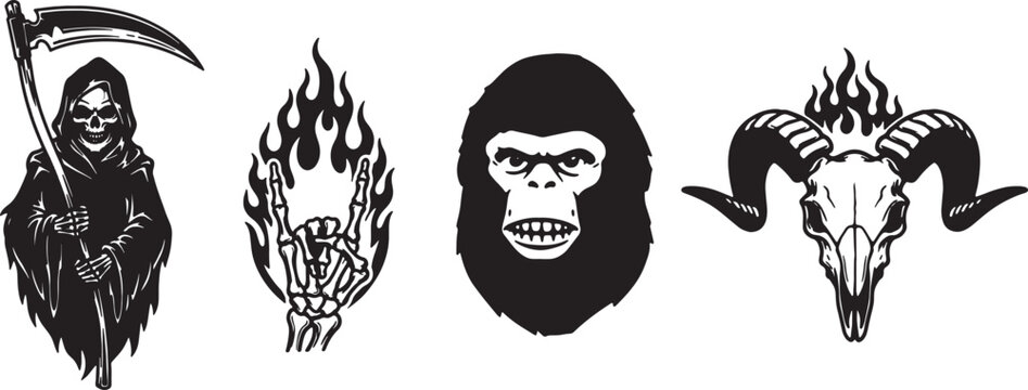 Grim reaper scythe flaming hand gorilla head ram skull vector collection set design.