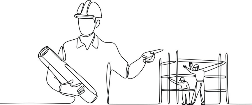 Construction workers blueprint planning flat vector illustration, teamwork scaffolding site design