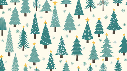Obraz premium Whimsical winter seamless pattern featuring a variety of stylized pine trees and delicate snowflakes on a light cream background.
