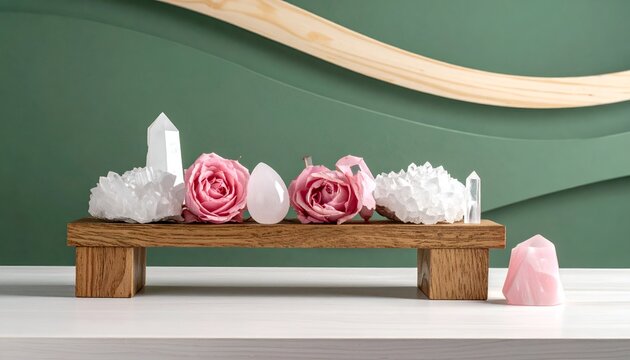 Crystals, pink roses, and a rose quartz egg arranged on a wooden riser