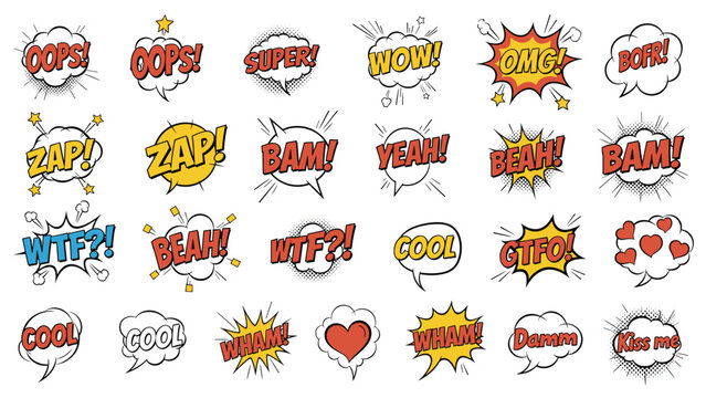 Dynamic collection of comic book style speech bubbles and bursts with popular onomatopoeia and expressions like Oops, Wow, and OMG.