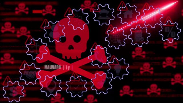 Advanced cybersecurity malware threat analysis concept featuring digital skull and crossbones warning with rotating data processing gears on a dark matrix code background