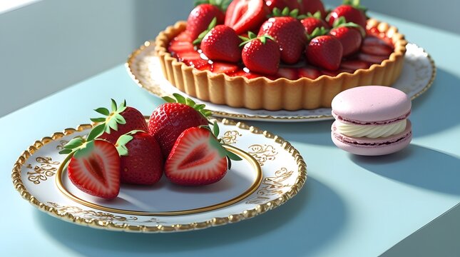 a Delicious strawberry tart with fresh strawberries and a golden crust, and a blue macaron with a delicate meringue-based shell, served on elegant white decorative plates with intricate gold rimming