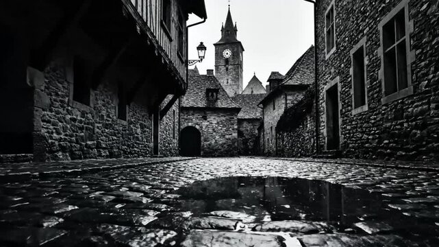 Black and white shot of a medieval European cobblestone street with buildings and a clock tower.