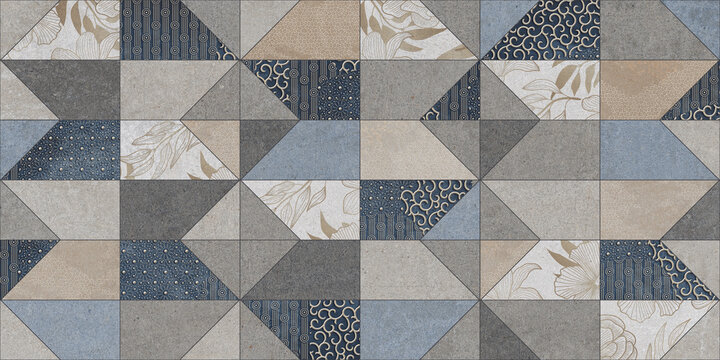 Geometric patchwork ceramic tile pattern, vintage blue and beige porcelain wall texture, decorative mosaic background with floral and abstract motifs