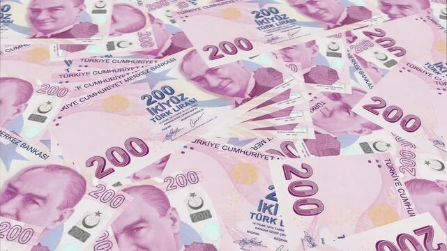 Close-up of Many 200 Turkish Lira Banknotes Background. Concept of Turkish Economy, Finance, Currency Exchange, Inflation and Investment. High Angle View of Turkish Money Cash Wealth.