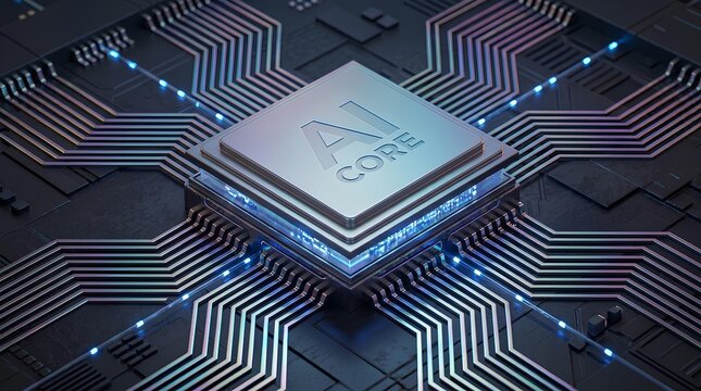 Close-Up View of Advanced AI Core Microchip Processor on Circuit Board