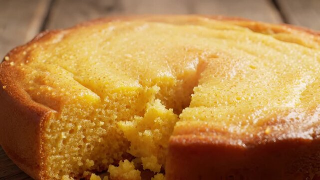 Delicious Golden Cornbread Loaf Freshly Baked on Wooden Table.