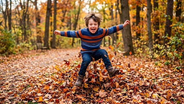 Young boy happily jumping and playing in a big pile of colorful autumn leaves