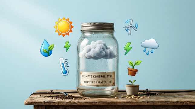Innovative climate control system metaphor with a raining cloud in a jar and icons for sun, wind, and water. Perfect for sustainability and green tech.High quality photo