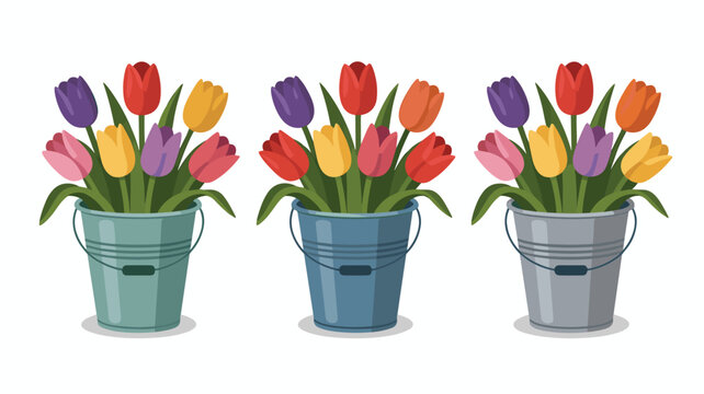 Three metal buckets filled with assorted colorful tulip flowers arranged in a row against a clean white background with soft pastel and vibrant floral color tones.