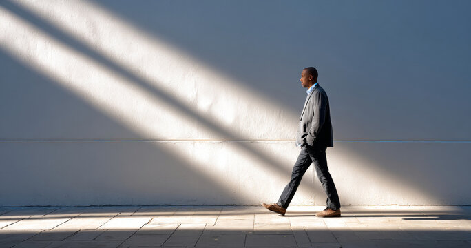 Businessman walking confidently along a sunlit urban wall with strong diagonal shadows and minimalist background in daytime