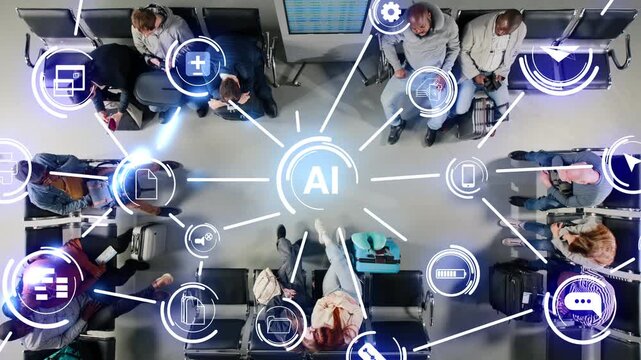 Optimizing airport operations, AI tech VFX compositing and high angle shot of diverse people. Predictive passenger flow management, innovative airport waiting area and deep learning