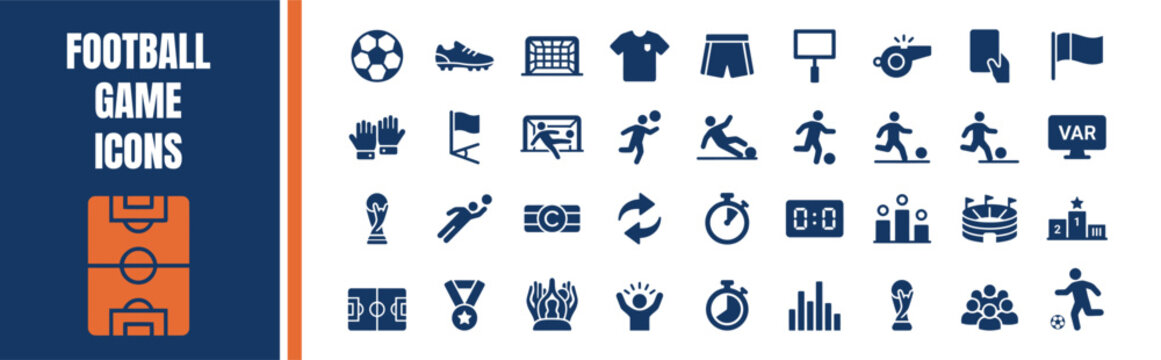 Set of forty flat vector icons for football game including match elements.
