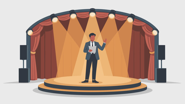 A lone orator holding papers stands in the bright glow of multiple spotlights upon a circular wooden stage backed by heavy dark velvet curtains and speakers.