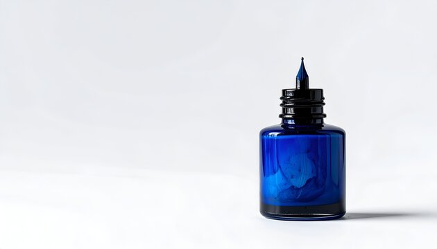 Bright blue ink bottle with applicator against a stark white backdrop