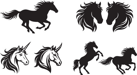Fototapeta premium Elegant horse and unicorn silhouette collection with flowing mane design for logo,and decorative artwork use