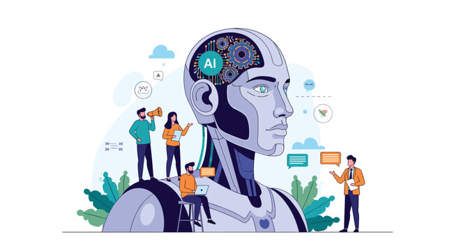 Team of small technicians and researchers working together on a massive robotic head with an artificial intelligence brain to develop technology.