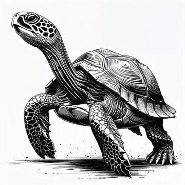A detailed black and white sketch of a tortoise with intricate patterns on its shell and skin, captured mid-stride, conveying a sense of ancient wisdom and resilience