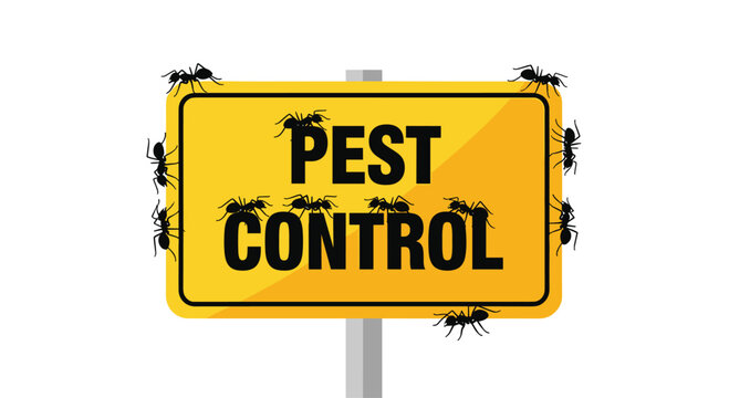 A yellow sign with black text reading Pest Control is surrounded by numerous black ant silhouettes arranged around the perimeter on a solid white background surface.