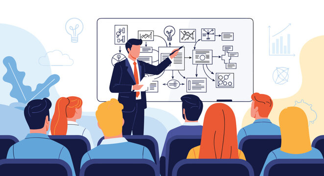 Professional lecturer in a suit presenting a complicated business strategy diagram on a whiteboard to an attentive audience in a seminar hall.