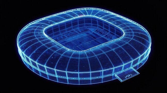 Blue neon light wireframe of a football stadium design. This futuristic blueprint displays arena structure and field layout. Virtual stadium plan for sports entertainment.