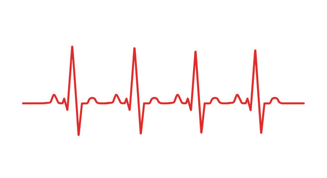A sharp red line traces a rhythmic heartbeat signal pattern horizontally across a clean white surface to signify monitoring of human cardiovascular electrical activity.