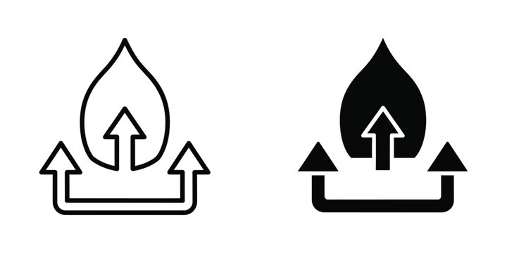 Upward arrows with teardrop flame icon set
