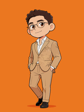Chibi Style Cartoon Businessman in Khaki Suit