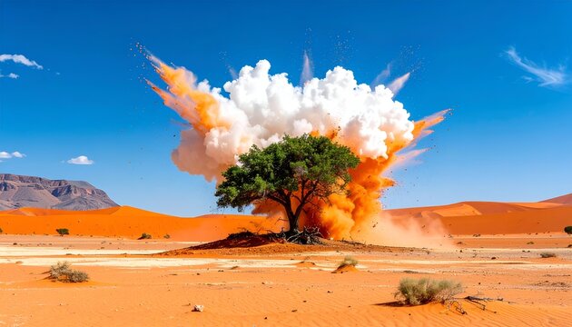 Desert tree explosion with cloud of sand amidst dunes under bright blue sky