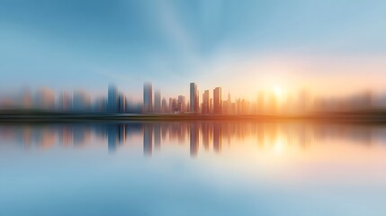 Fototapeta premium Golden dawn light illuminates a calm body of water reflecting a soft blurred metropolitan skyline