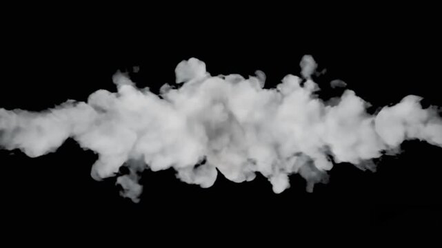 A thick line of dramatic white smoke drifts and billows across a pitch-black background. This high-contrast 3D atmospheric simulation is ideal for overlaying onto cinematic videos, music clips, or mys