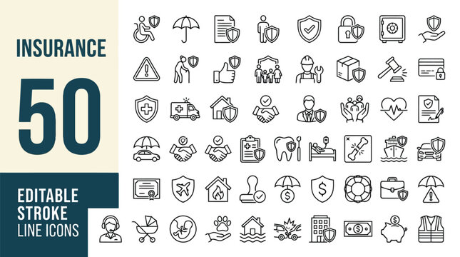 Insurance and assurance icon set. Editable line icons. Vector illustration.