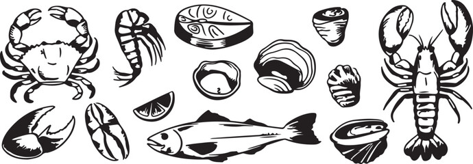 Seafood assortment featuring shellfish and fish sketches © Icon Stock
